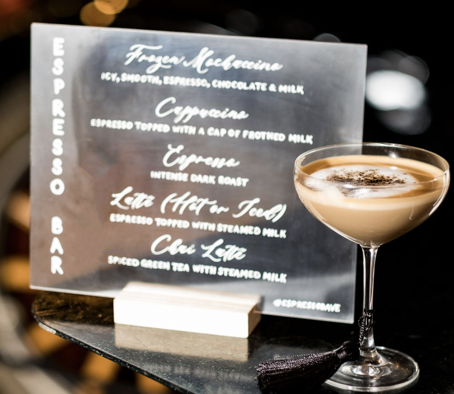 Espresso Martini in a wine glass next to an Espresso Daves Coffee Catering menu Christian Napolitano Photo